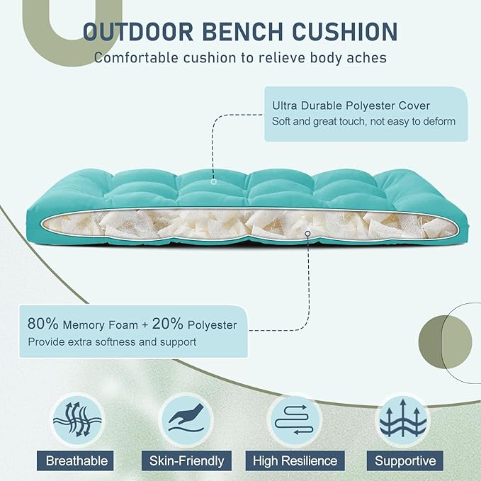 downluxe Outdoor Bench Cushion for Patio Furniture, Water Resistant Tufted Overstuffed Porch Swing Cushions, Thick Outdoor Loveseat Cushions, 44" X 19" X 5", Teal, Set of 1