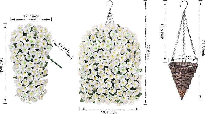 HyeFlora Artificial Faux Hanging White Flowers Plants Basket for Outdoor Outside Christmas Winter Decor, Fake UV Resistant Realistic Morning Glory Flowers for Porch Home Balcony Yard Patio Decoration