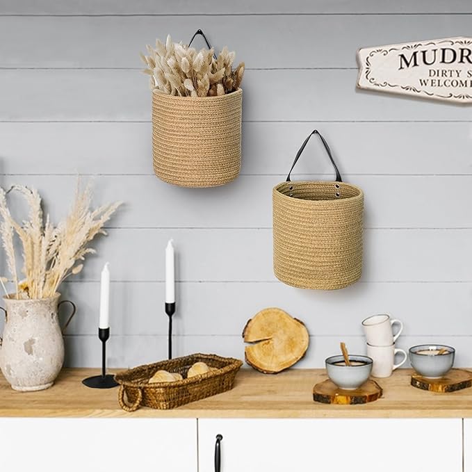 2 Pack Hanging Basket, Small Wall Baskets for Organizing, Wicker Boho Wall Decor Set, Indoor Hanging Plant Holder, Rattan Woven Organizer for Home Decor, Farmhouse Storage Bin, Jute