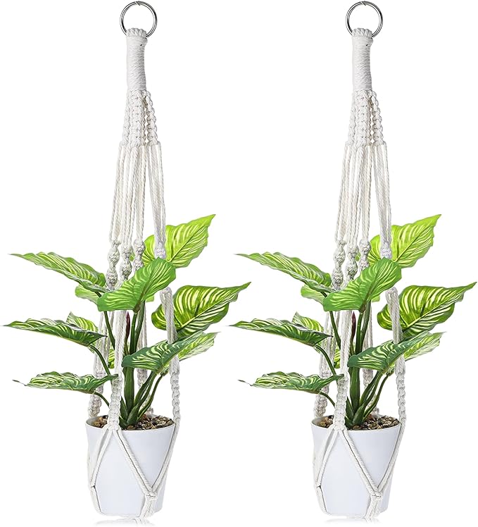 Macrame Plant Hanger, 2 Pcs Boho Hanging Planters for Indoor Outdoor, Decorative Braided Cotton Rope Flower Pot Hanging Plant Holder with Metal Rings
