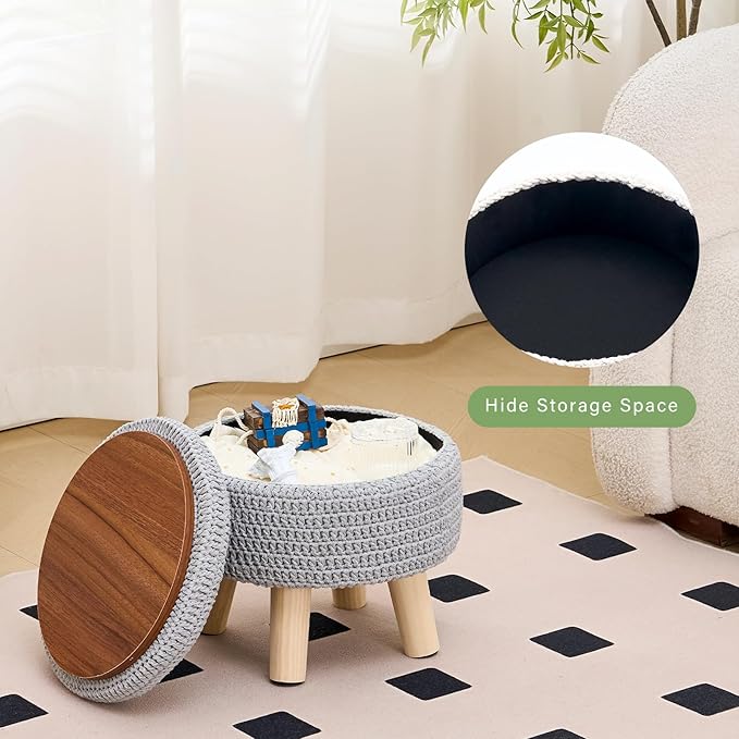 Wimarsbon Pouf Ottoman, 100% Cotton Knitted Boho Footstool, Round Footrest with Non-Skid Wood Legs, Home Décor Handmade Pouffe, Leisure Floor Step Stool for Living Room (Storage Grey)