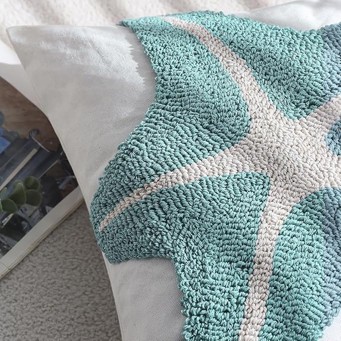 Tufted Starfish Throw Pillow Cover Set of 2, 18x18 Inch Beachy Coastal Decor Pillows for Couch Bed Sofa, Soft Canvas Decorative Pillow Covers with Ocean Theme Accent, Sea Star Tufting Pillowcases