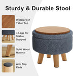 Small Foot Stool, Boucle Round Ottoman with Storage, Cute Foot Rest Stools with Teddy Velvet, Floor Pouf Ottoman Coffee Table, Sturdy Ottomans with Wood Legs for Living room, Nursery, Enterway, Blue