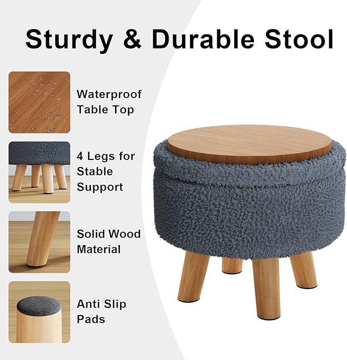 Small Foot Stool, Boucle Round Ottoman with Storage, Cute Foot Rest Stools with Teddy Velvet, Floor Pouf Ottoman Coffee Table, Sturdy Ottomans with Wood Legs for Living room, Nursery, Enterway, Blue