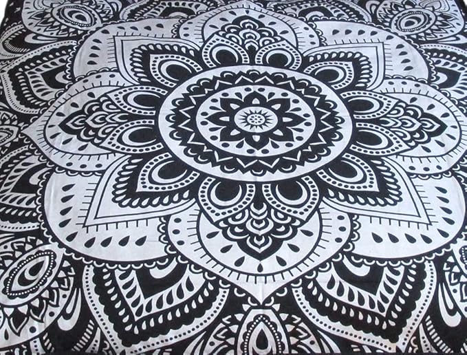 CRAFT KALA Mandala Floor Pillow Cushion Cover Seating Throw Cover Hippie Decorative Bohemian Ottoman Poufs Pillow Cases Boho Indian Cotton Living Room Yoga Home Décor 24" Square, Black Silver Flower