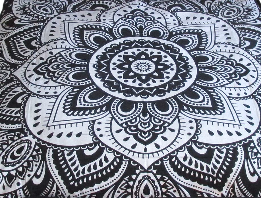 CRAFT KALA Mandala Floor Pillow Cushion Cover Seating Throw Cover Hippie Decorative Bohemian Ottoman Poufs Pillow Cases Boho Indian Cotton Living Room Yoga Home Décor 24" Square, Black Silver Flower - color: Black Silver Flower, size: 24" x 24" (Pack of 1