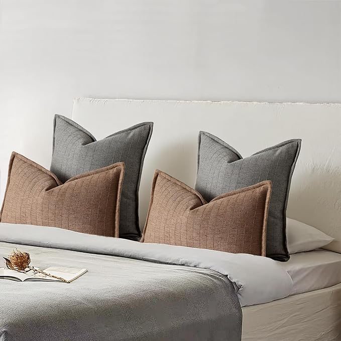 18x18 Linen Pillow Covers Grey Pack of 2 Farmhouse Boho Neutral Accents Striped Textured Square Decorative Throw Pillow Cases for Living Room Couch Bed Home Decor