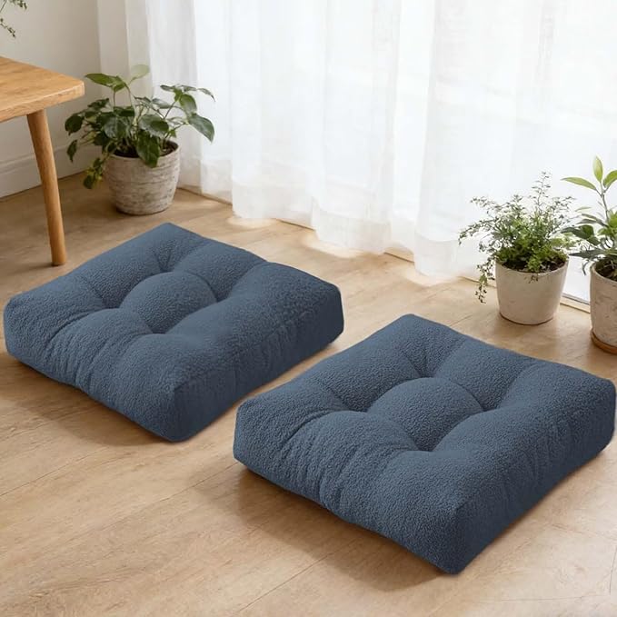 Meditation Cushion Set of 2, Large Floor Cushions for Adults, Thick Square Floor Sitting Pillow with Tufted Cover for Tatami Living Room Fireplace, Navy Blue 18x18 in