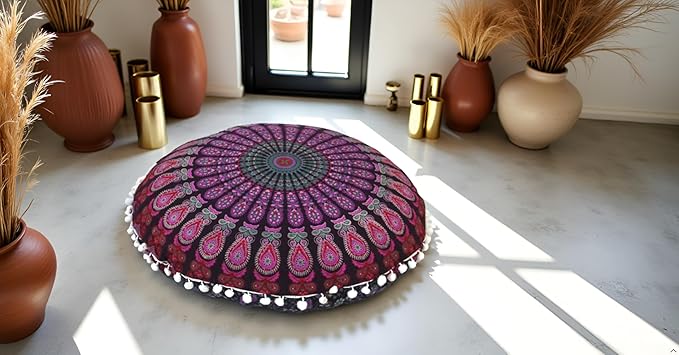 CRAFT KALA 22 Inch Round Mandala Floor Pillow Cushion Cover Seating Throw Cover Hippie Decorative Bohemian Ottoman Poufs Pom Pom Pillow Cases Boho Cotton Living Room Yoga Home Décor (Pink Mirchi)