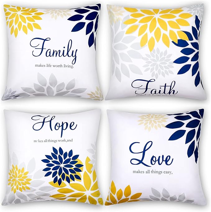 Tatuo 4 Pcs Flower Pillow Covers Square Spring Pillow Cushion Cases 18 x 18 Inch Family Faith Hope Love Words Decorative Summer Winter Cushion Case for Bed Couch Sofa Living Room(Yellow Series)