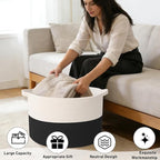 115L Large Blanket Basket,23.6" L x 23.6" W x 15.7" H Rope Woven Baskets with Handles, Toys Storage Bins,Laundry Basket Perfect for Living Room, Nursery,Bedroom,Home Organization,White&Black