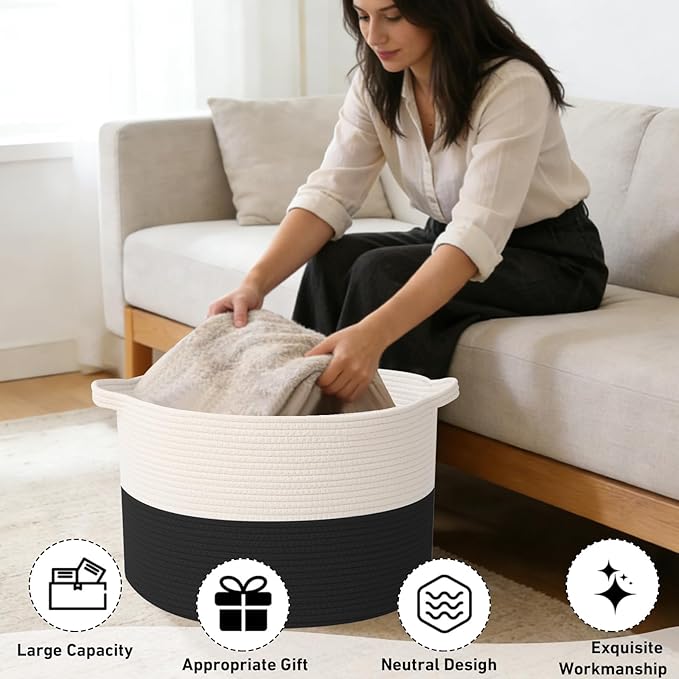 90L Large Blanket Basket,21.7"L x 21.7"W x 13.8"H Rope Woven Baskets with Handles, Toys Storage Bins,Laundry Basket Perfect for Living Room, Nursery,Bedroom,Home Organization,White&Black