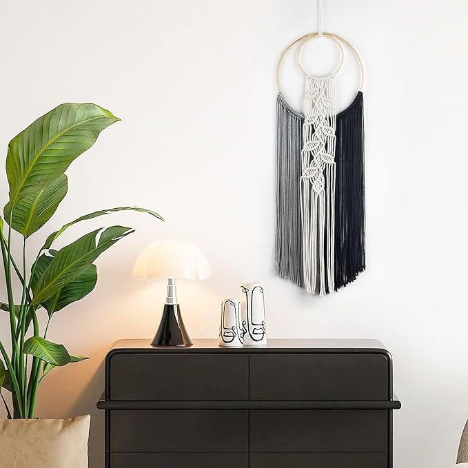 LB Boho Black White Grey Macrame Wall Hanging Hand Woven Leaf Pattern Tapestry Wall Art with Wood beads Modern Aesthetic Tassel Wall Decor for Home, Bedroom, Living Room