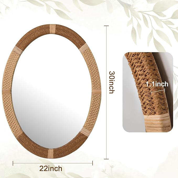 ULIKE Boho Oval Rattan Mirror, 22x30 Inch Rustic Farmhouse Wall Decor with Wicker Frame, Rattan Mirror for Nursery Bathroom Bedroom Living Room Entryway