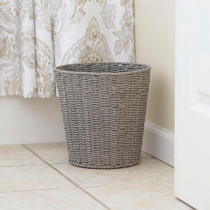 Household Essentials Woven Waste Basket, Gray Paper Rope Waste Bin for Bathroom, Bedroom, Office