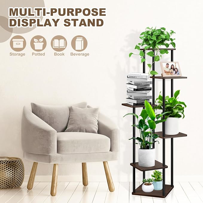 6 Tier Plant Stand Indoor, Thickened Metal Wood Corner Plant Shelf Stands for Multiple Plants, Indoor Tall Plants Stand Tiered Flower Holder for Living Room Patio Garden Balcony(Black+Oak)