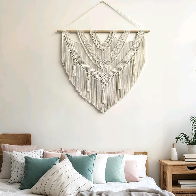 large macrame wall hanging - Boho Tapestry Macrame Wall Decor Art- Chic Bohemian Handmade Woven Tapestry Home Decoration for Bedroom Living Room Apartment Wedding Party - 43"x40" (Bead Fringe)
