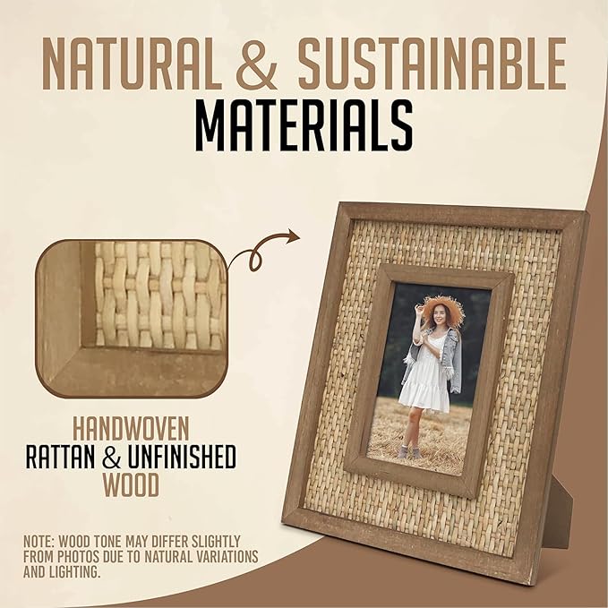 4x6 Picture Frame Handwoven Rattan (8.5"x10.5" Outer) - Fits 4"x6" Photos - Sawtooth Wall Hanger & Tabletop Stand - Natural Coastal Display