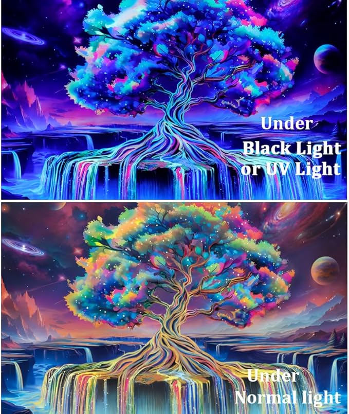 Obsecolors Blacklight Tree of Life Tapestry UV Reactive Waterfall Tapestry Galaxy Space Aesthetic Tree Wall Tapestries Colorful Starry Sky Tapestries Wall Hanging for Bedroom