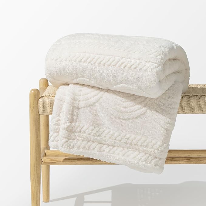 EverGrace Cable Jacquard Sherpa Fleece Throw Blanket for Couch, Super Soft Cozy Fuzzy Plush Blankets for All Seasons, Reversible Thick Warm Blanket for Bed, Sofa, Living Room, Ivory White, 50" x 60"