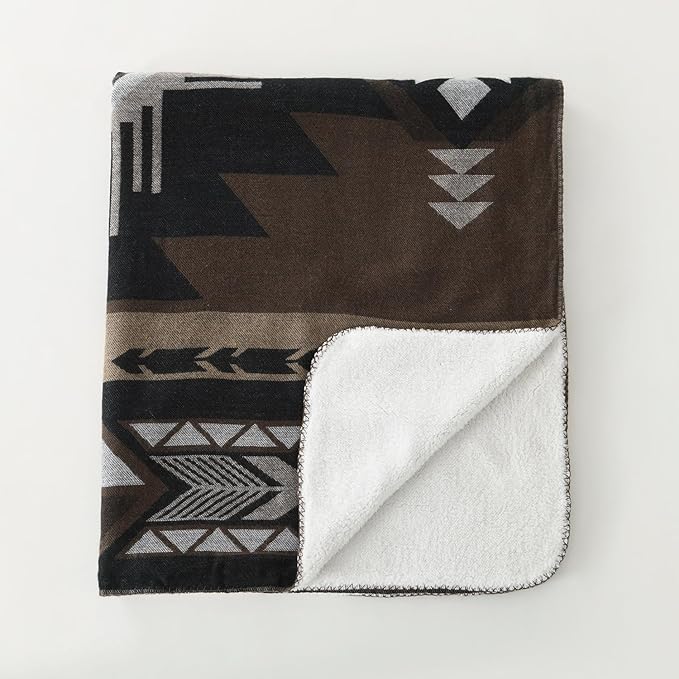 Aztec Patterned Throw Blanket with Soft Sherpa Lining, Traditional Southwestern Navajo with Cross Pattern Warm Throw for Camping, Outdoor, Light Weight Cozy Boho Blanket for Couch, Bed, 60”x80”, Brown