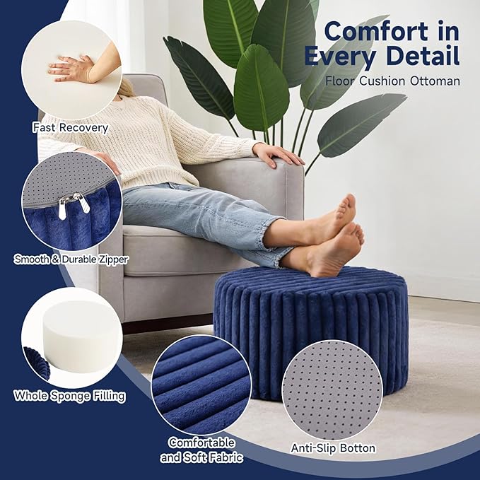 Tiita Round Stuffed Pouf Ottoman, Stripe Faux Fur Poufs with Foam Chunk Filling, Furry and Fluffy Pouf 21×21×12 inch Foot Stool Storage Ottoman,Puff Office Foot Rest for Couch Living Room, Navy Blue