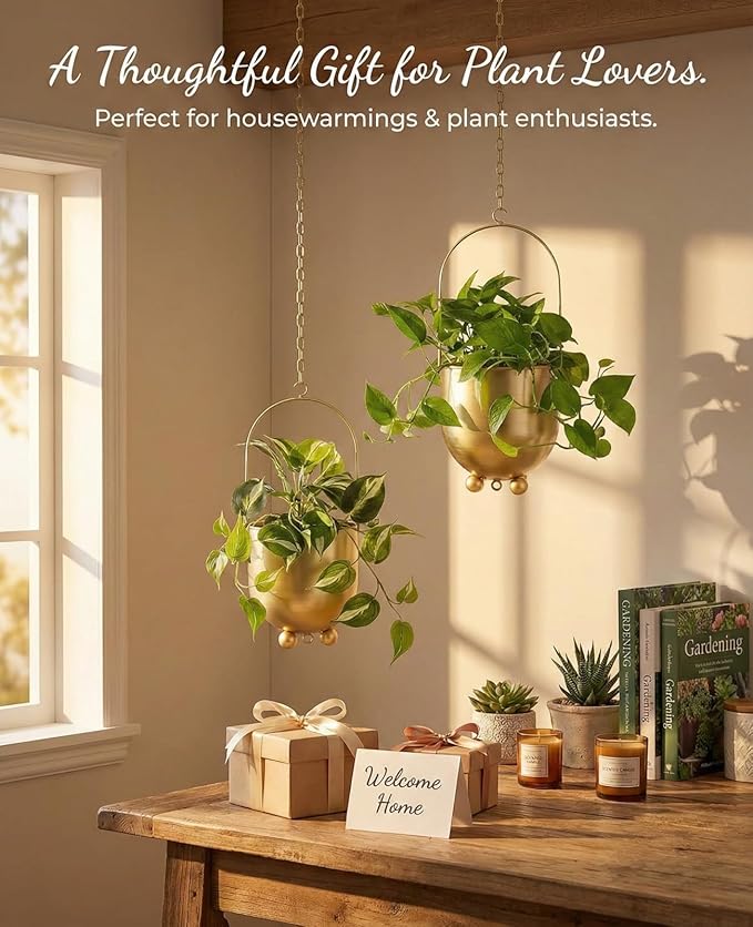 AceList Gold Hanging Planters for Indoor Plants, Set of 2-4.5 inch Metal Plant Hangers from Ceiling or Wall, Modern Boho Window Flower Pots, Pothos, Ivy - No Drainage Hole