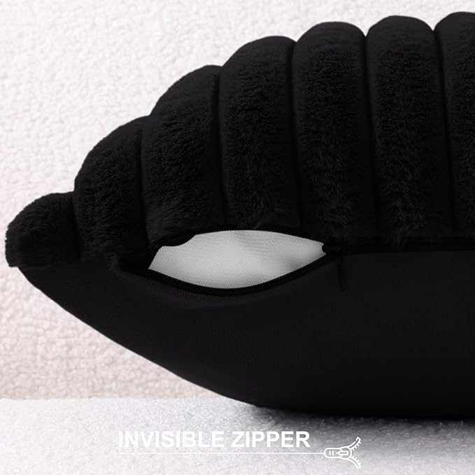 Pallene Faux Fur Plush Throw Pillow Covers 24x24 Set of 2, Luxury Soft Fluffy Striped Decorative Pillow Covers for Sofa, Couch, Living Room, Black
