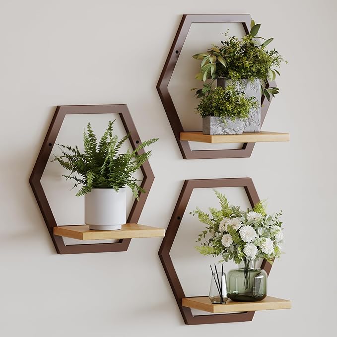 3 Pack Solid Wood & Heavy Duty Metal Wall Plant Stands,9 inch Natural Wood Shelf, Boho Arch Hanging Planter for Indoor 25 LB Load for Plants, Flowers, Herbs Coffee