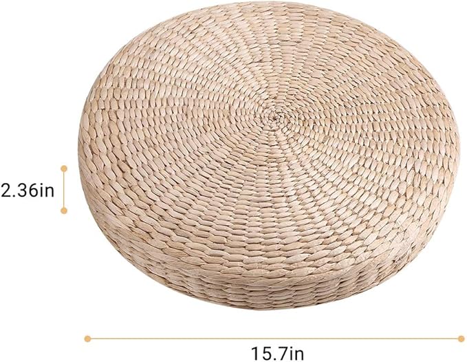 Ejoyous Tatami Seat Cushion, 15.75 x 2.36in Handmade Woven Straw Pouf Floor Seat Cushion Japanese Futon Round Knitted Meditation Pillow Cushion for Home Outdoor Decorative Seat