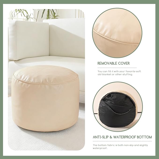 HIGOGOGO Round Stuffed Pouf Ottoman, Pu Leather Poufs with Foam Chunk Filling, Furry and Fluffy Pouf Foot Stool Storage Ottoman, 20 X 15 Floor Poufs Foot Rest for Living Room, Beige