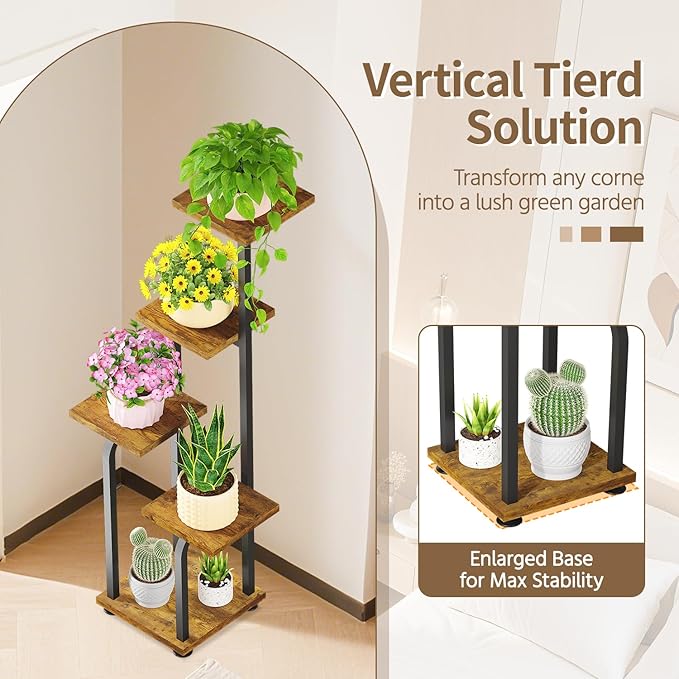 LASZOLA Black 5 Tiered Tall Wood and Metal Plant Stand Indoor with with Grow Lights, Large Heavy Duty Multi Level Vertical Planter Rack for Corner, Sturdy Rustic Tall Flower Shelving Holder for House