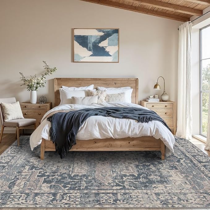 8x10 Area Rugs for Living Room Bedroom, Large Washable Rug, Blue Vintage Retro Boho Rug, Non Slip & Low Pile Faux Wool Thin Carpet for Indoor Dining Room and Kids Room(Blue 8x10ft)