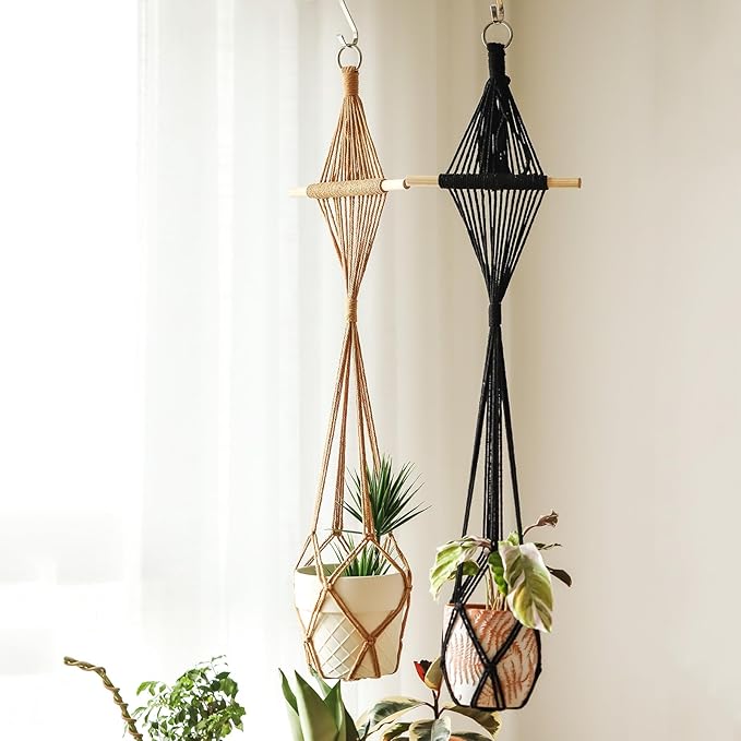 Wooden Dowel & Diamond Macrame Plant Hangers 2 Pack 39 Inch, Handwoven Cotton Rope Plant Holder with S Hooks, Boho Home Decor for Indoor Plants for up to 10in Pot (Caramel Wood Hanger)