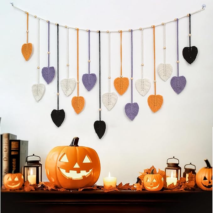 EOBTAIN Macrame Leaf Wall Hanging Large,Boho Purple Orange and Black Leaves Woven Tapestry Halloween Home Decor,Handmade Yarn Tassels Textile Feather Wall Art Decor for Living Room Bedroom