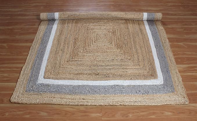 Heavy Material Hand Braided Jute 9x15 Natural Jute Beige Multi Geometric Design Hand Woven Rug Flatweave Area Carpet Indoor Outdoor Rugs for Kitchen Living Room, Bedroom
