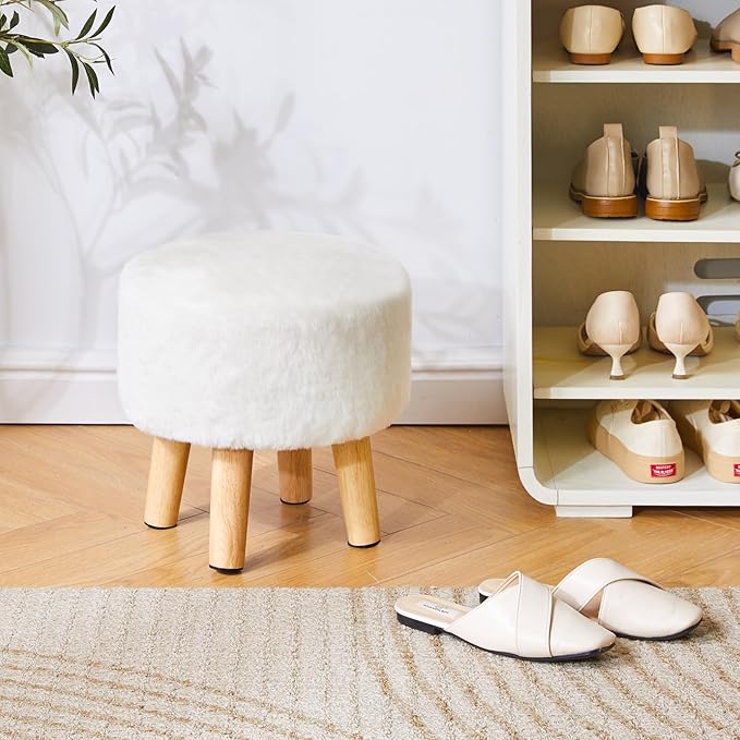 YMYNY Round Pouf Ottoman Small Foot Stool Faux Fur Foot Rest for Couch Modern Boho Footstools with Wood Legs for for Living Room Bedroom Office 12.6" D×12.6" W×12.6" H White UHBD035W