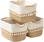 TeoKJ Woven Storage Bin Set of 3, Cotton Rope Basket for Storage, Clothes Boho Basket Bin for Organizing, Fabric Basket for Books, Plants, Pet Treats, White & Jute