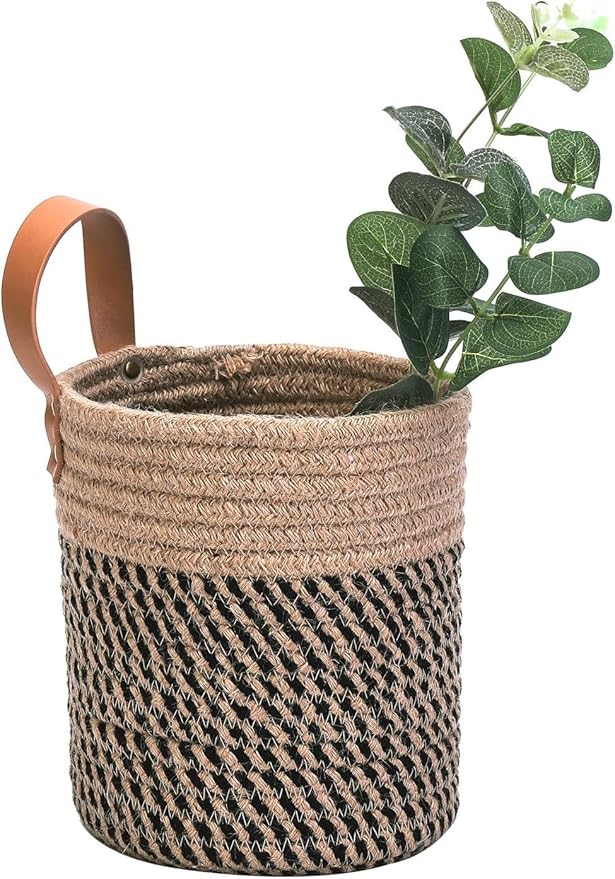 2pack Small Hanging Baskets-Cotton Rope Wall Basket with Handle, Hanging Storage Basket, Shelf Baskets Storage Bin Closet Organizer - 6.3" x 7", Woven Plant Basket (Jute-black)