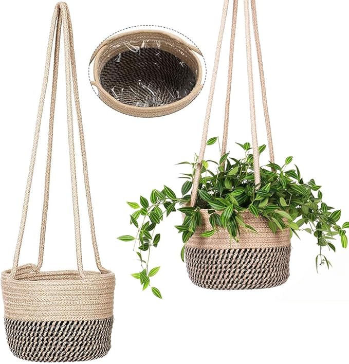 Hanging Planter Basket Jute Rope Woven Plant Hangers 2 Pack Jute Rope Hanging Basket Woven Storage Organizer Home Decor (2, Coffee Color)