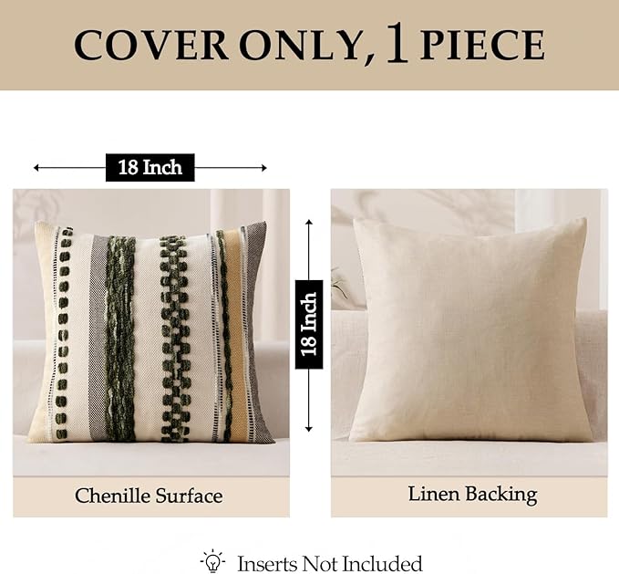 ANRODUO Pack of 1 Boho Decorative Throw Pillow Covers 18x18 Farmhouse Cushion Case Striped Chenille Pillow Cases Square Pillow Covers Accent Neutral Pillowcase for Sofa Couch Bed, Dark Green Stripe
