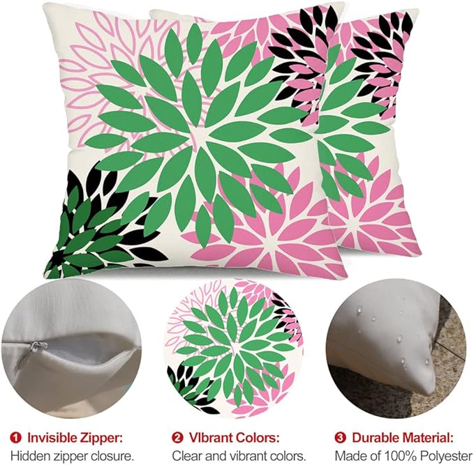 DFXSZ Green Pink Black Flower Pillow Covers 18x18 Inch Set of 2 Outdoor Throw Pillows Outdoor Waterproof Decor for Living Room Sofa Patio Funiture Garden Floral Polyester Pillow Covers 012B18