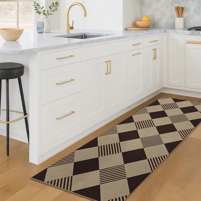 2x6 Diamond Checkered Runner Rug for Kitchen - Easy Jute Plaid Rug for Entryway Bedroom Beside Bed, Woven Low Pile Washable Black and White Geometric Farmhouse Décor