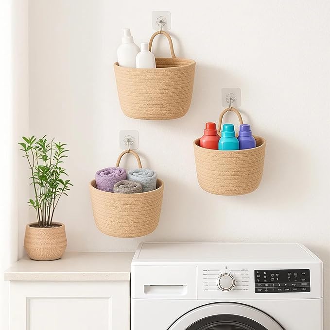 ShellKingdom Hanging Baskets, 3Pack Woven Wall Mounted Storage Basket with 3 Pcs Hooks, Boho Pouchs Bag Organizers for Home Office Living Room Bathroom Door Wall Decoration Caddy Bins (Jute)
