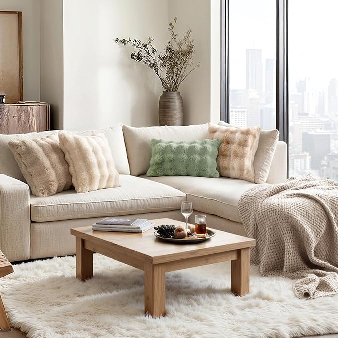 MIULEE Faux Fur Pillow Covers Thick Soft Plush Lumbar Throw Pillows Luxury Spring Home Decor for Couch Bed Bedroom Living Room Sofa,12x20 Inch Pack of 2 Khaki