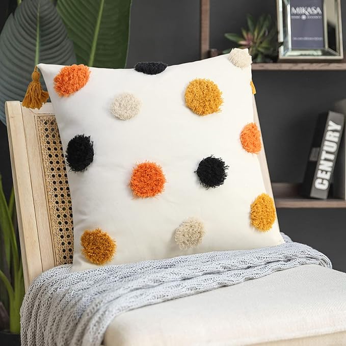 Merrycolor Boho Throw Pillow Covers 18x18 Yellow Orange Pom Pom Tufted Decorative Pillow Covers with Tassels Woven Bohemian Pillow Case Modern Accent Square Cushion Cover for Couch Sofa Bedroom