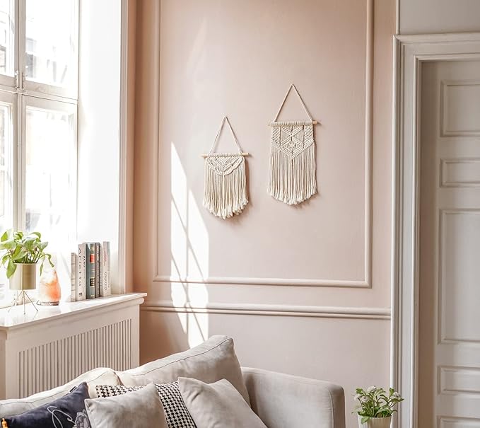 Mkono 2 Pcs Macrame Wall Hanging Boho Wall Art Decor Woven Chic Bohemian Room Decor for Bedroom Nursery Living Room Dorm Apartment, Small Size 13" L x 10" W and 16" L x 10" W