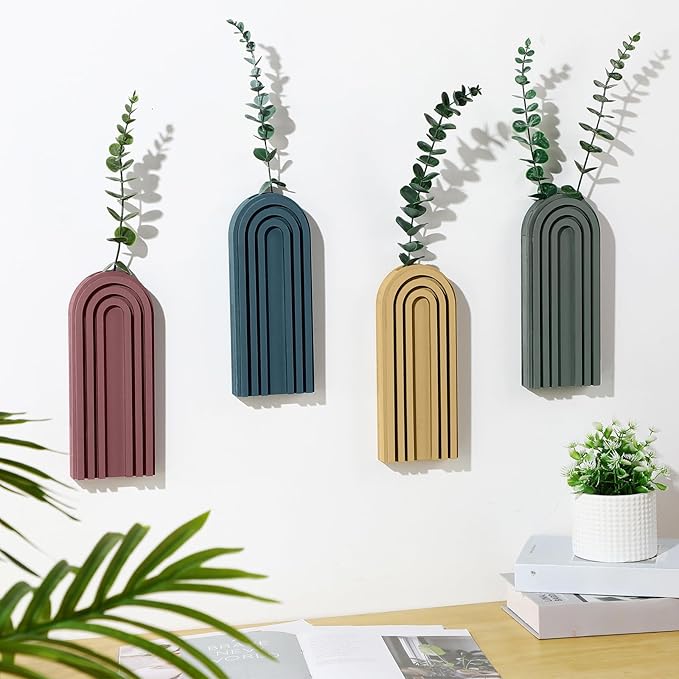4 Pack Wood Wall Planter Indoor Wall Decor Plant Holders Boho Hanging Planter Vases for Modern Farmhouse Living Room Bedroom Rainbow Decor (Morandi Color)