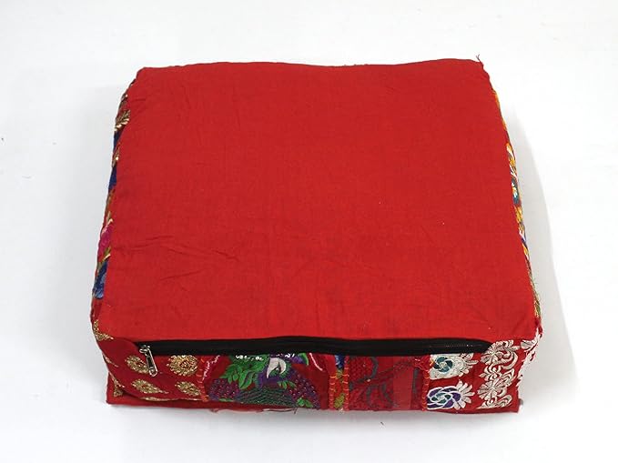 Mam Treasures Indian Bohemian Decorative Pillow Vintage Cushion Cover Patchwork Square Floor Pillow Cover Meditation Cushion Large Floor Pillow Indian Cushion (Red, 18 X 18 X 5 Inch)