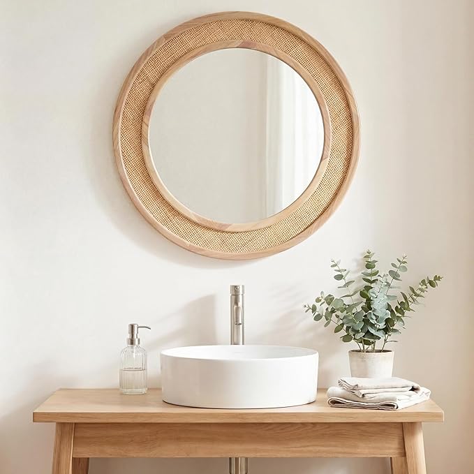 Round Rattan Mirror, 30" Circle Wall Mirror, Farmhouse Wooden Vanity Mirror with Handmade Wicker Frame, Decorative Boho Mirror for Nursery Bedroom Living Room Entryway Nature